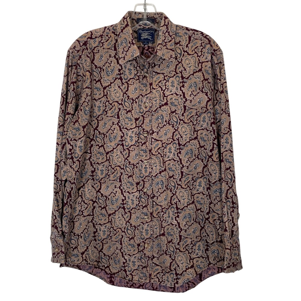 Burberrys Vintage 80's/90's Mens Paisley Button Down Shirt Purple Tan Cotton M